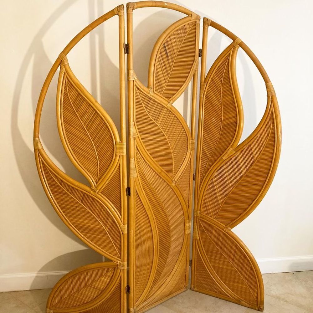 Vintage Curved Rattan Palm Leaf Screen Mecox Gardens