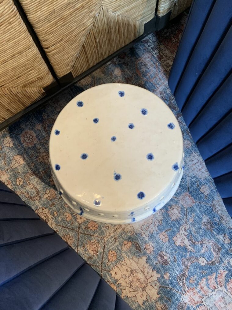 White Circle Garden Stool with Blue Markings - Image 5