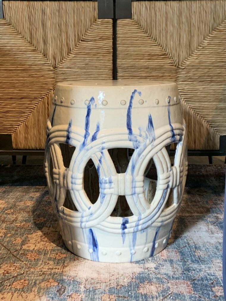 White Circle Garden Stool with Blue Markings - Image 2