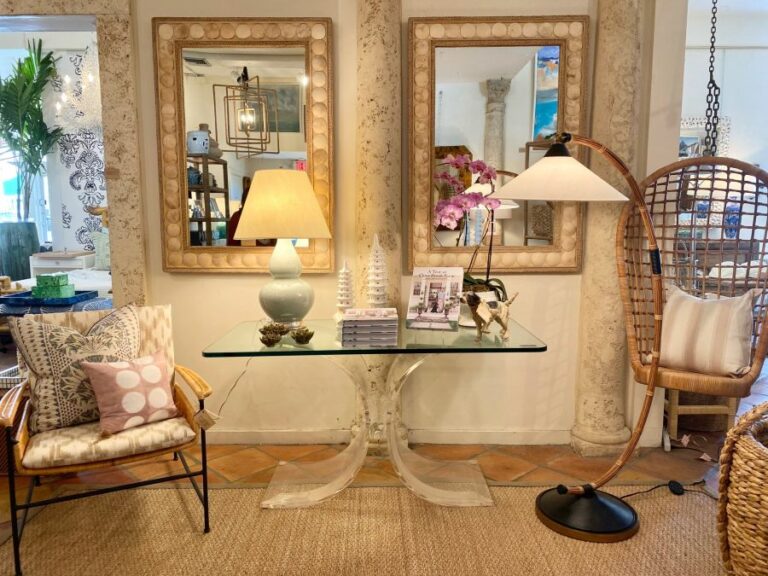 Curved Rattan and Brass Floor Lamp - Mecox Gardens