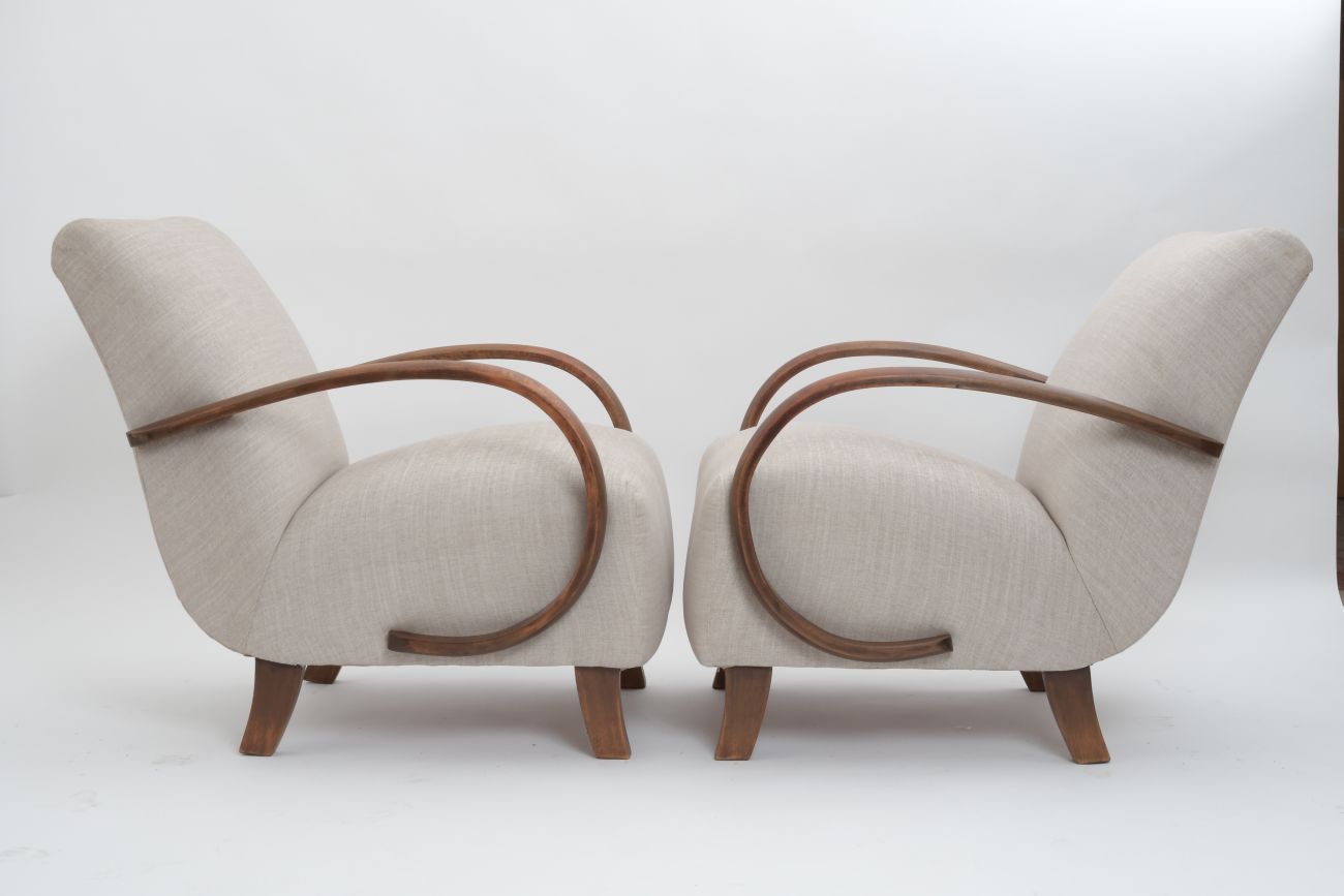 Pair of Vintage Curved Wood Arm Chairs in Ivory Fabric Mecox Gardens