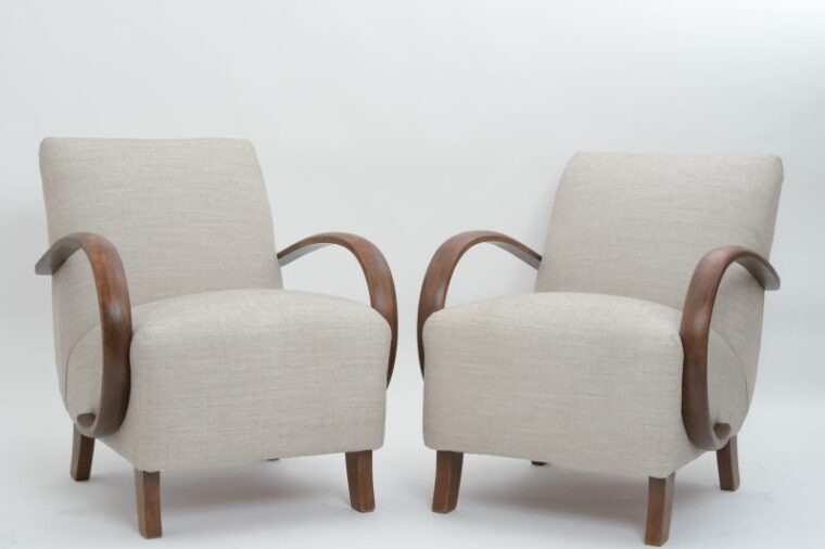 Pair of Vintage Curved Wood Arm Chairs in Ivory Fabric Mecox Gardens