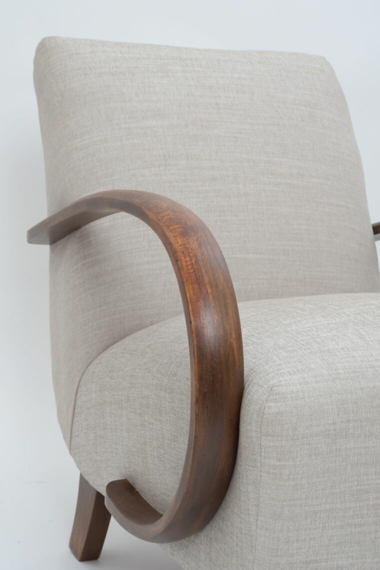 Pair of Vintage Curved Wood Arm Chairs in Ivory Fabric Mecox Gardens