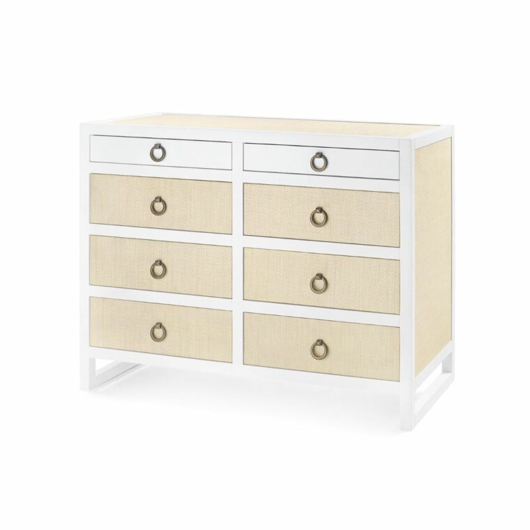 White Lacquer and Grasscloth 8 Drawer Dresser