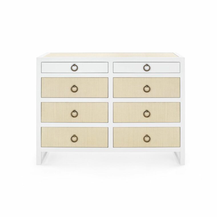 White Lacquer and Grasscloth 8 Drawer Dresser - Image 2