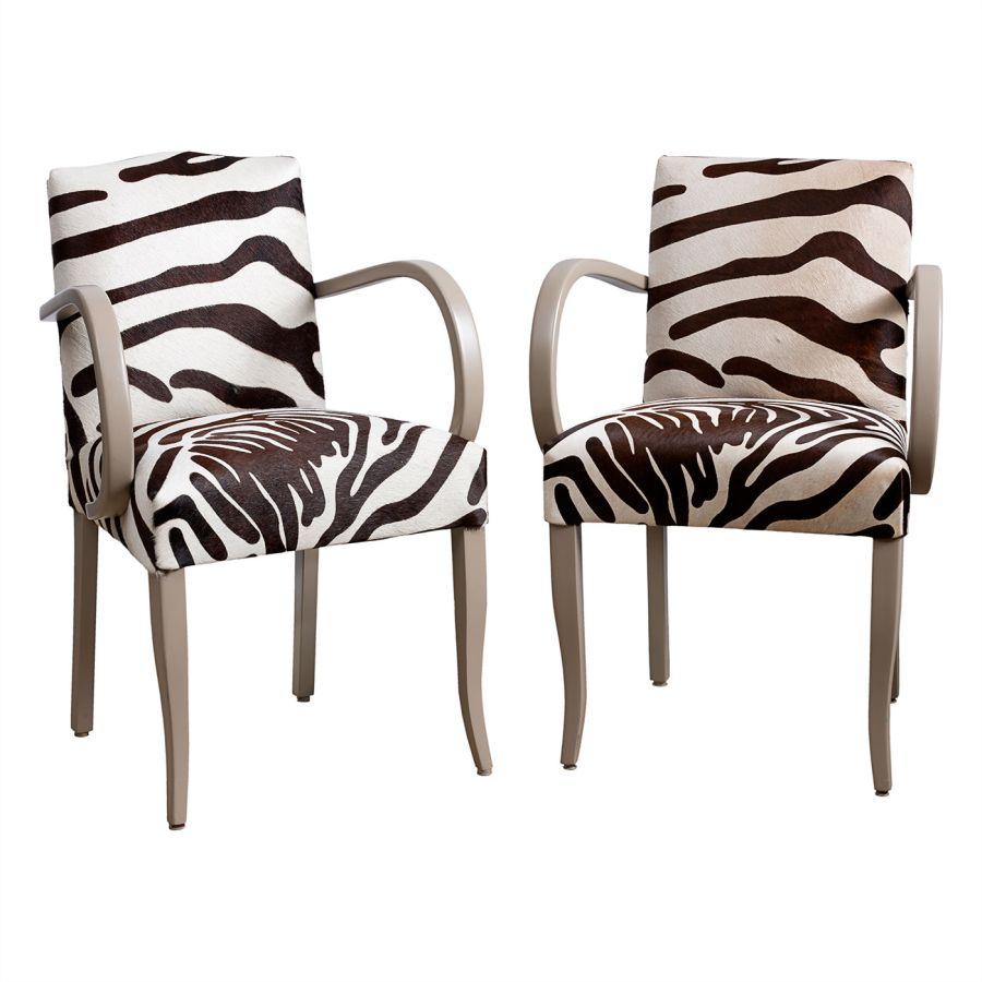 Pair of Vintage Deco Style Faux Zebra Hide Arm Chairs Mecox Gardens