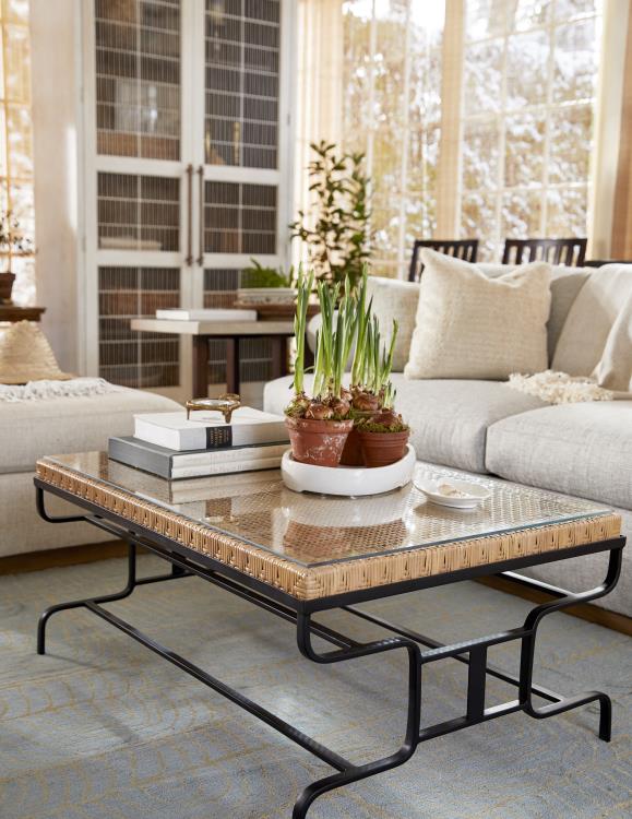 Cane Topped Coffee Table with Black Steel Base - Mecox Gardens