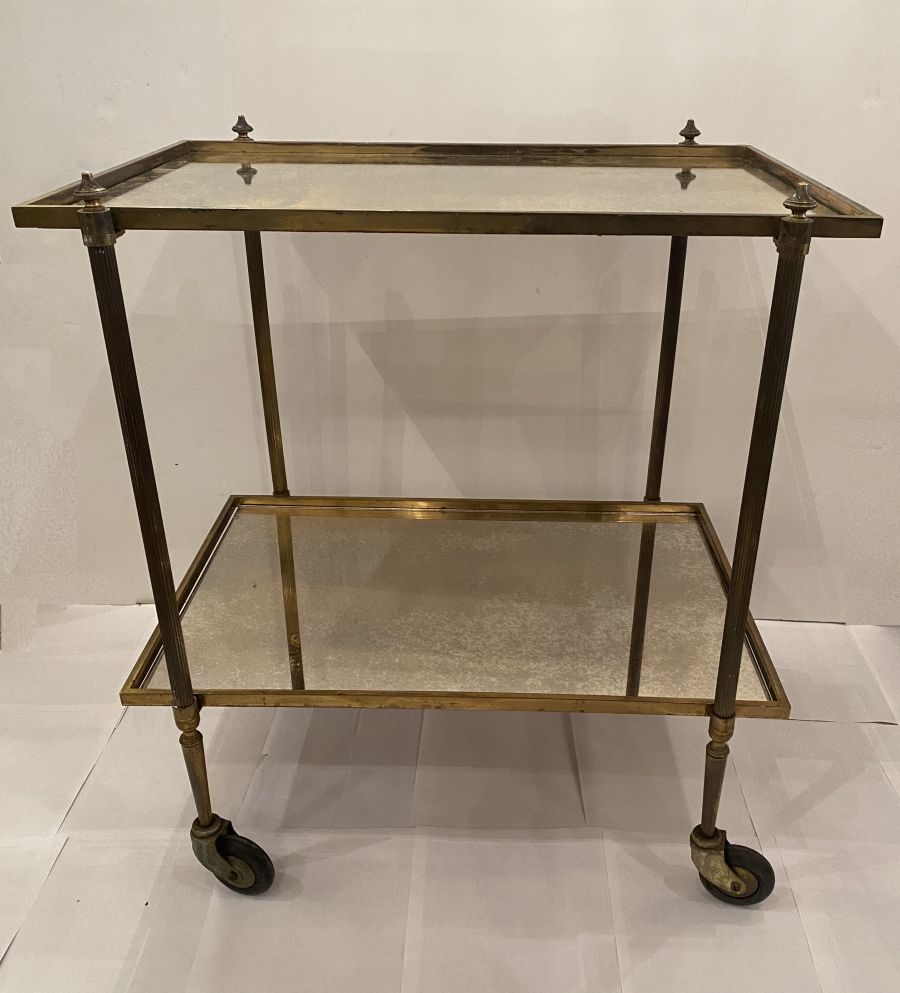 Vintage French Brass and Antiqued Mirror Bar Cart Mecox Gardens