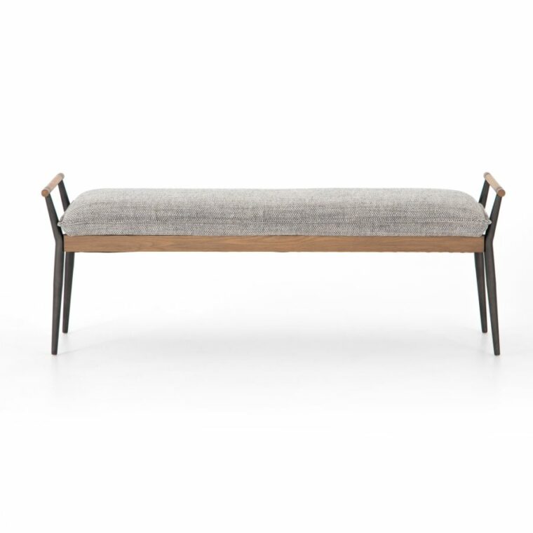 Slim Oak and Black Steel Framed Bench with Black Upholstered Seat - Image 2