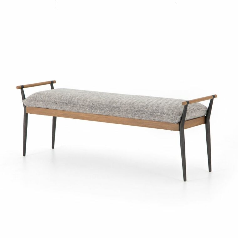 Slim Oak and Black Steel Framed Bench with Black Upholstered Seat