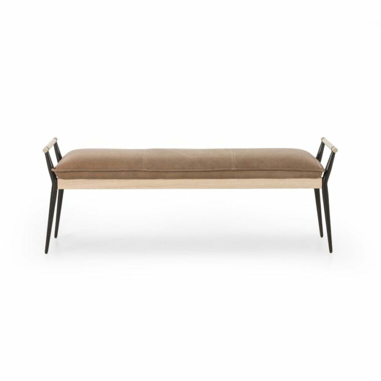 Slim Oak and Black Steel Framed Bench with Leather Seat - Image 2