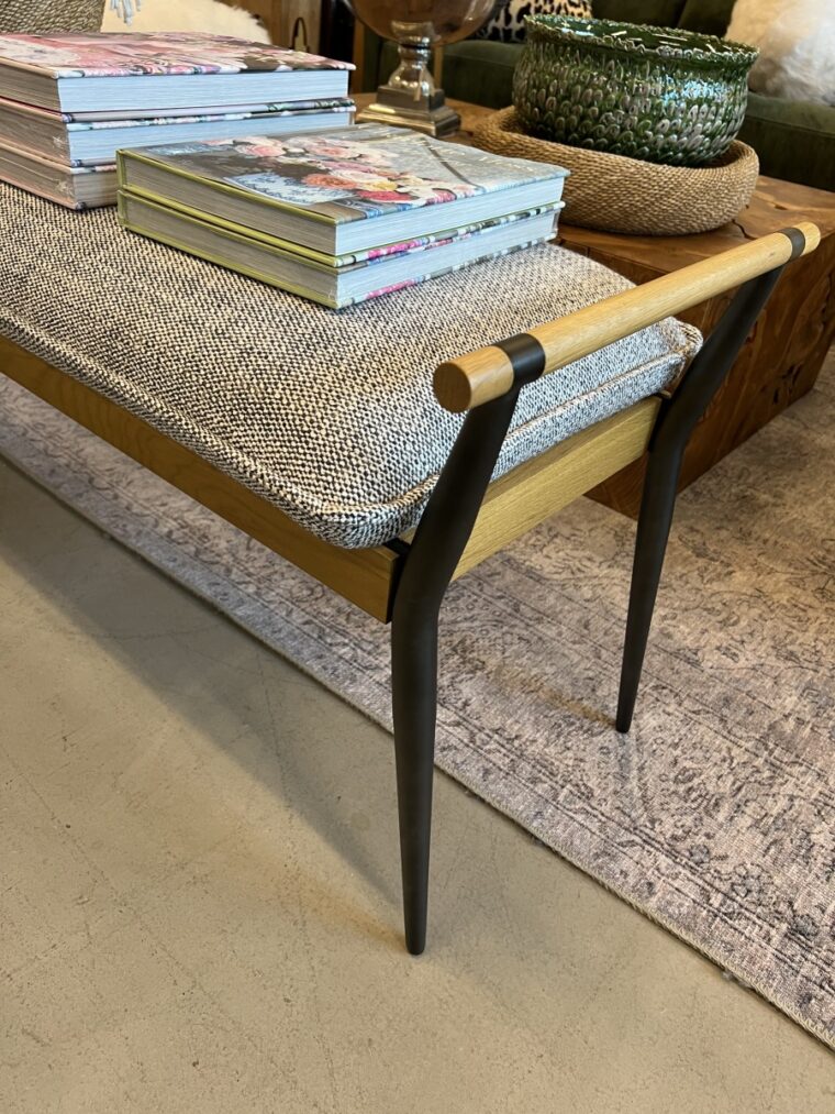 Slim Oak and Black Steel Framed Bench with Black Upholstered Seat