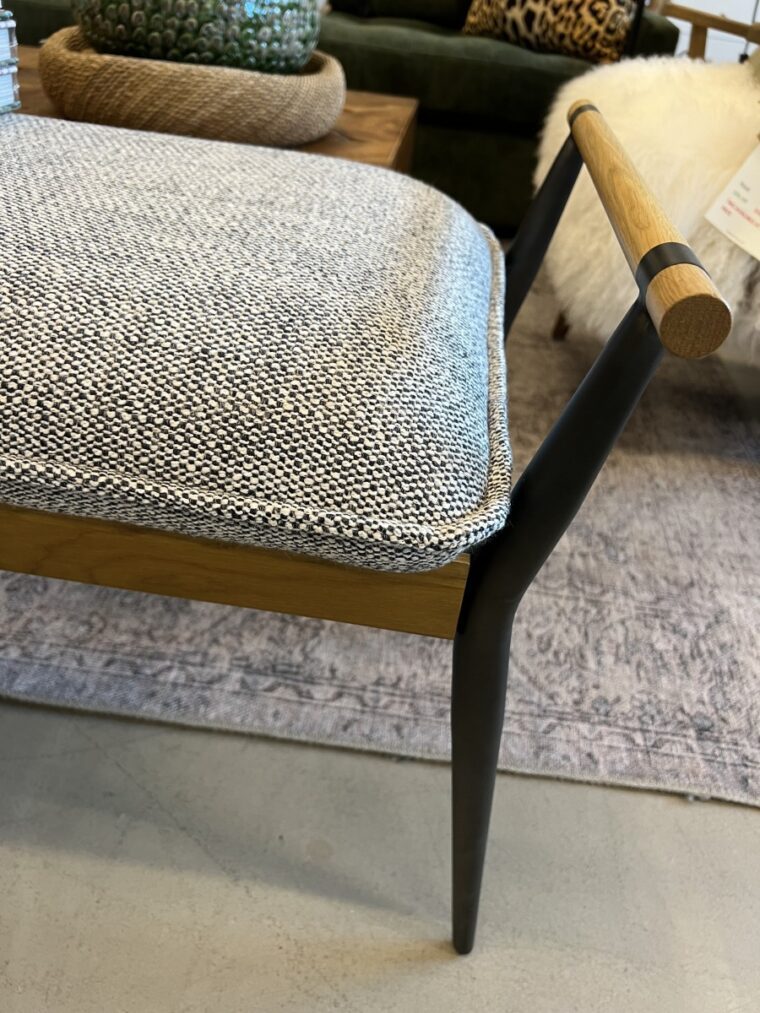 Slim Oak and Black Steel Framed Bench with Black Upholstered Seat