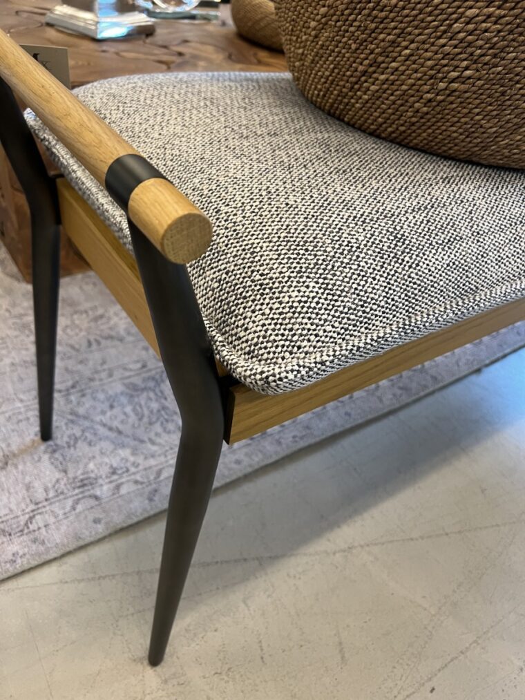 Slim Oak and Black Steel Framed Bench with Black Upholstered Seat