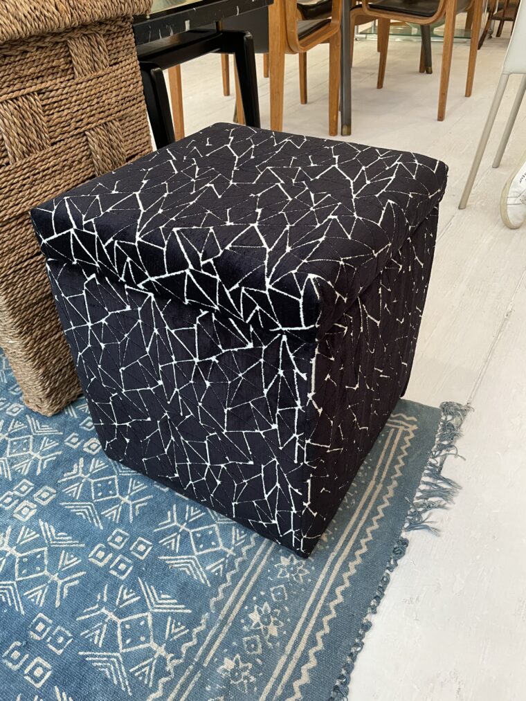 Black Upholstered Ottoman in Triangle Pattern - Image 3