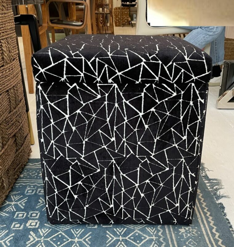 Black Upholstered Ottoman in Triangle Pattern - Image 4