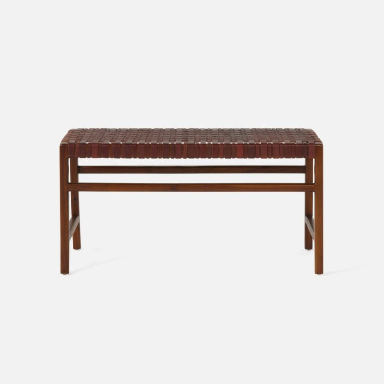 36" Woven Leather and Wood Bench - Image 2