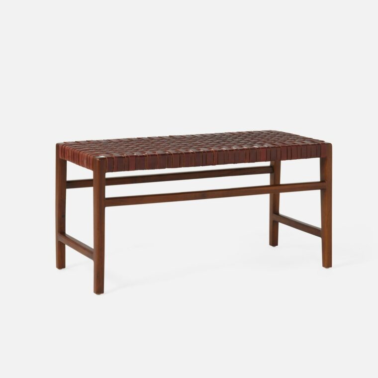 36" Woven Leather and Wood Bench