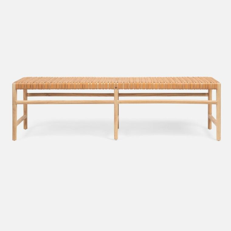 64"L Woven Leather and Wood Bench - Image 4