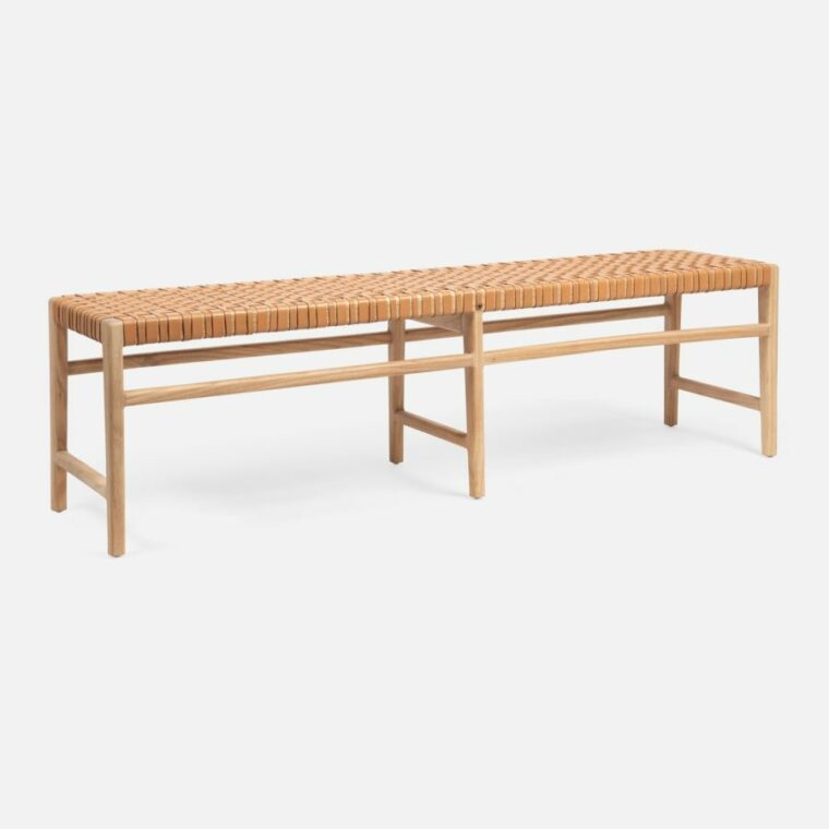 64"L Woven Leather and Wood Bench - Image 5