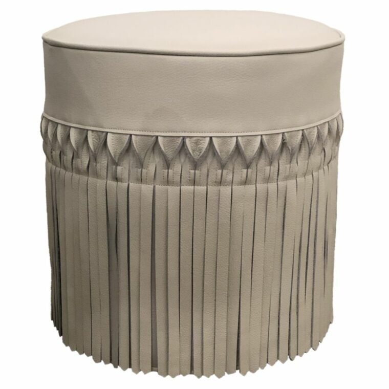 Ivory Leather Fringe Ottoman - Image 2