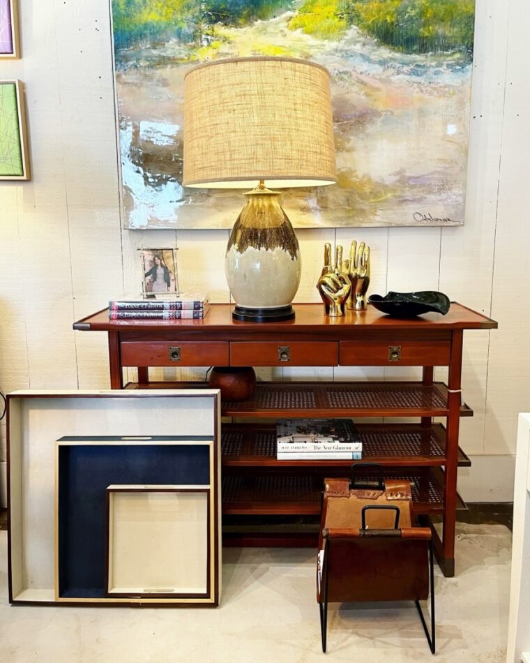 Wood Console with Three Cane Shelves