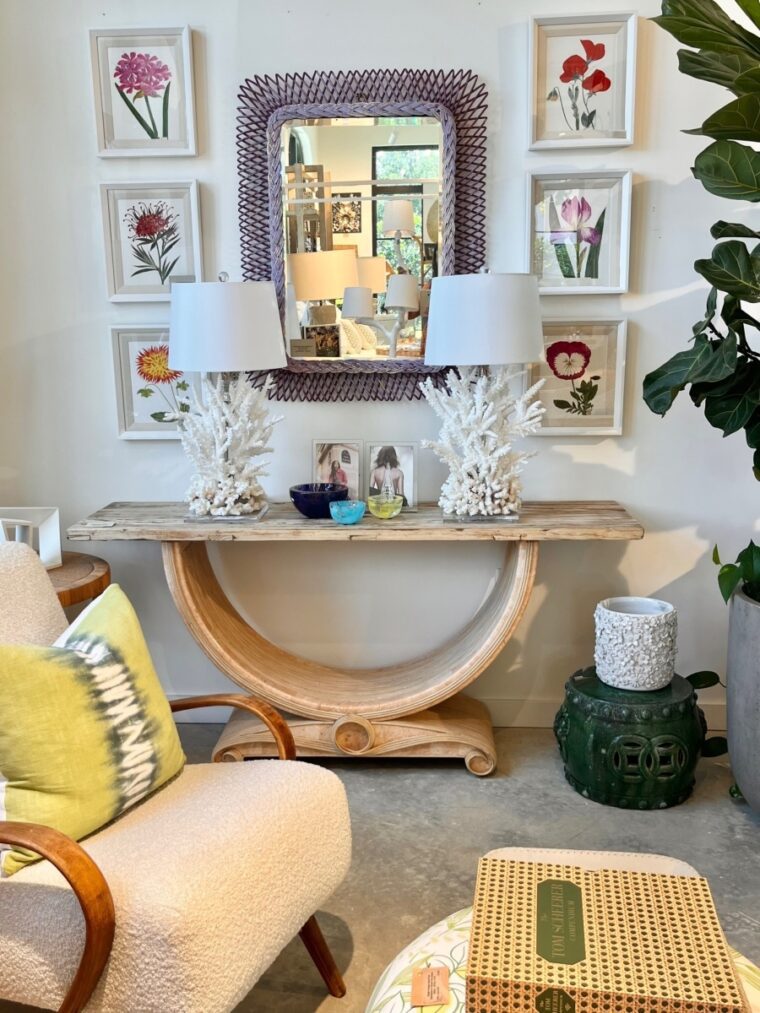 Vintage Purple Painted Rattan Mirror
