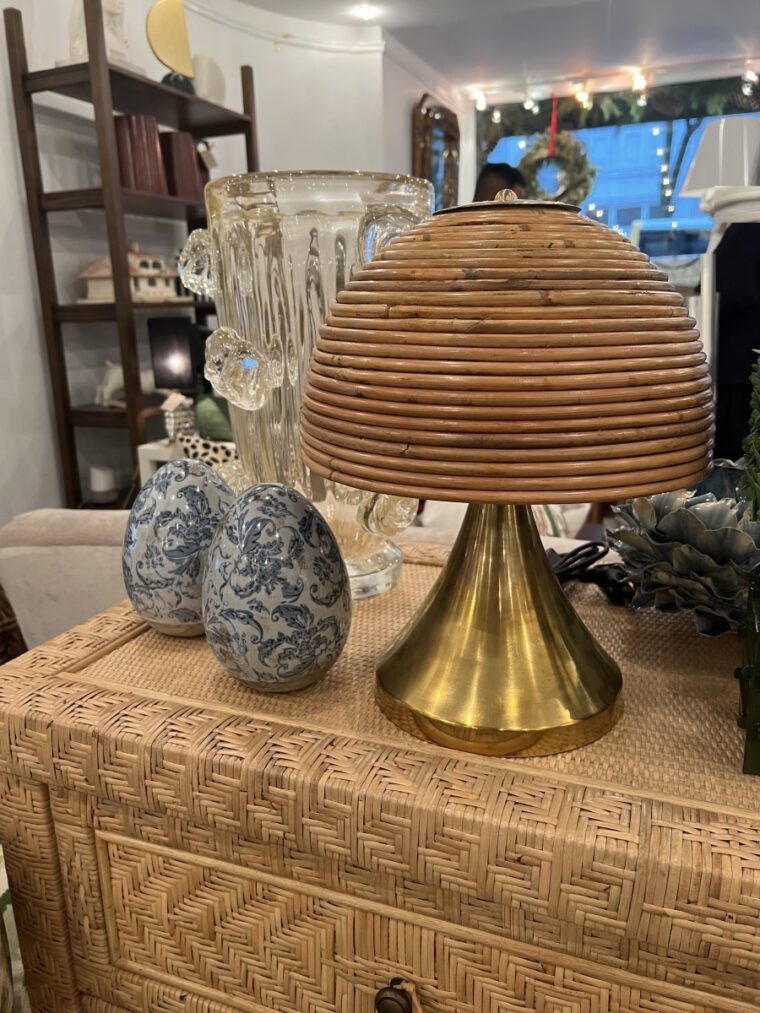 Pair of Petite Brass Lamps with Curved Rattan Shades