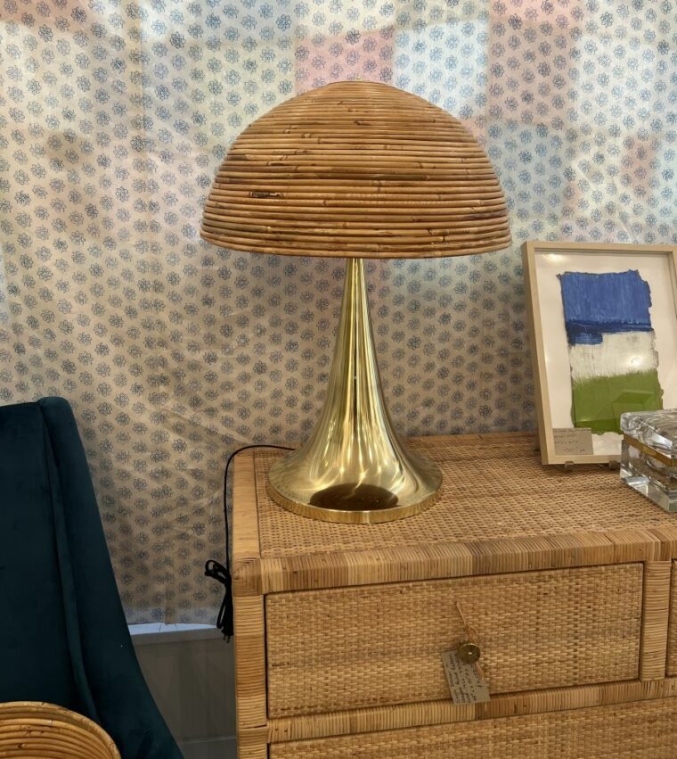 Tall Brass Table Lamps with Curved Rattan Shades