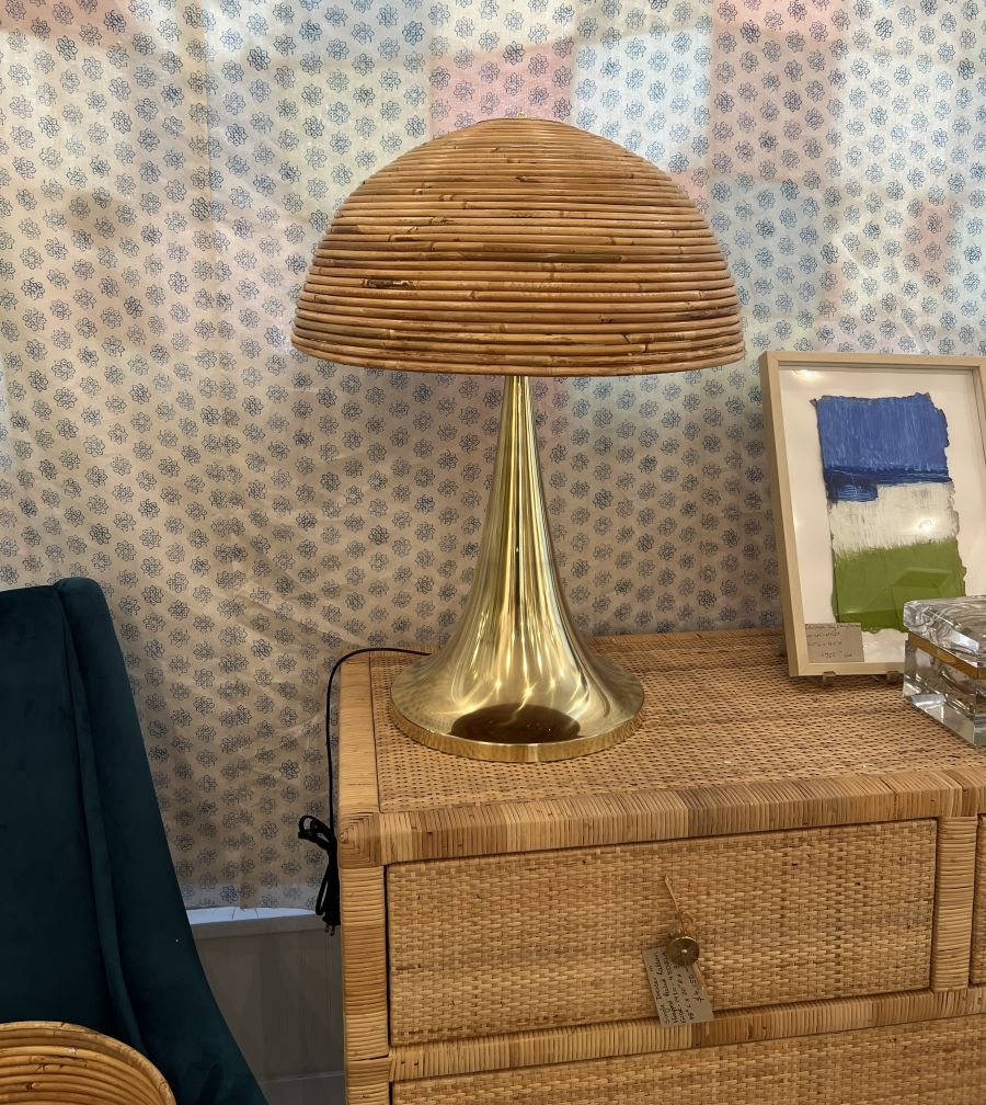 Pair of Tall Brass Table Lamps with Curved Rattan Shades