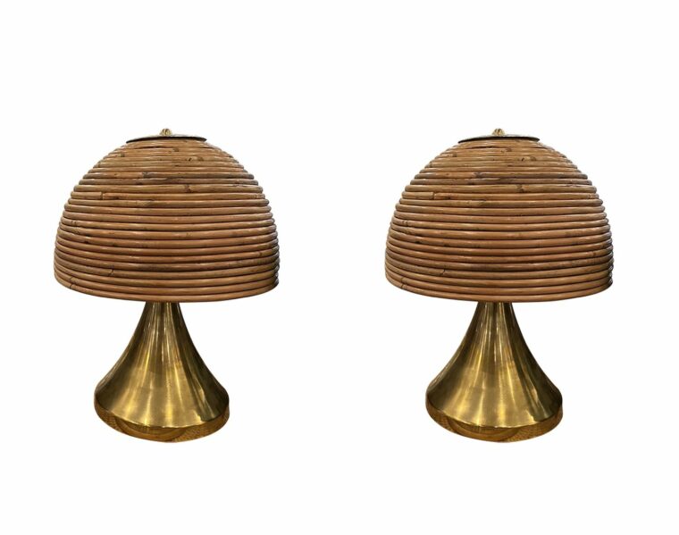 Pair of Petite Brass Lamps with Curved Rattan Shades