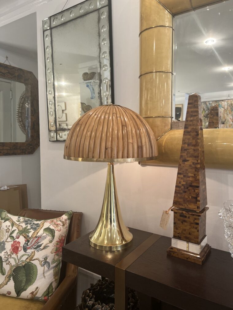Pair of Brass Table Lamps with Curved Rattan Shades