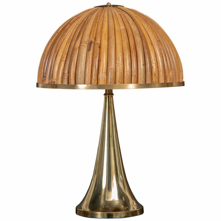 Pair of Brass Table Lamps with Curved Rattan Shades - Mecox Gardens