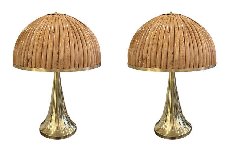 Pair of Brass Table Lamps with Curved Rattan Shades - Mecox Gardens