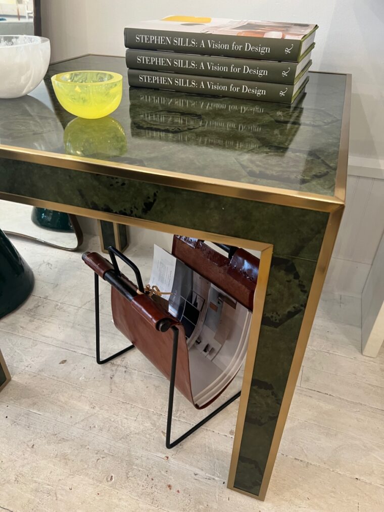 Emerald Faux Penshell Side Table with Brass Edge