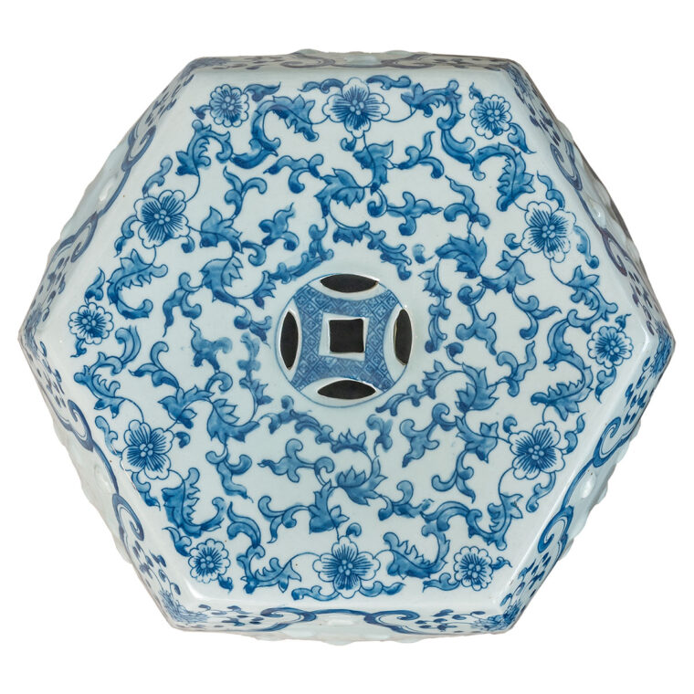 Hexagonal Blue and White Porcelain Garden Stool - Image 3