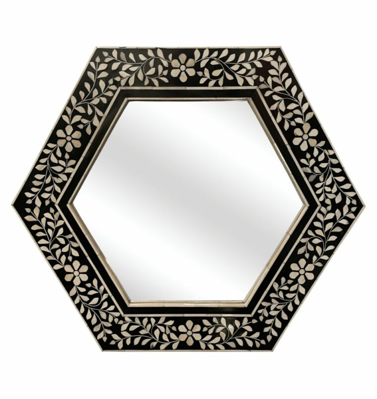 Hexagonal Floral Bone Inlay Mirror