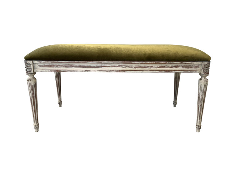 Vintage French Carved Wood Bench with Olive Velvet Seat