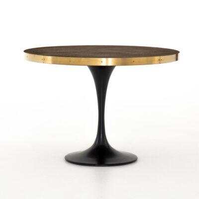 Small Round Iron Oak and Brass Tulip Base Dining Table