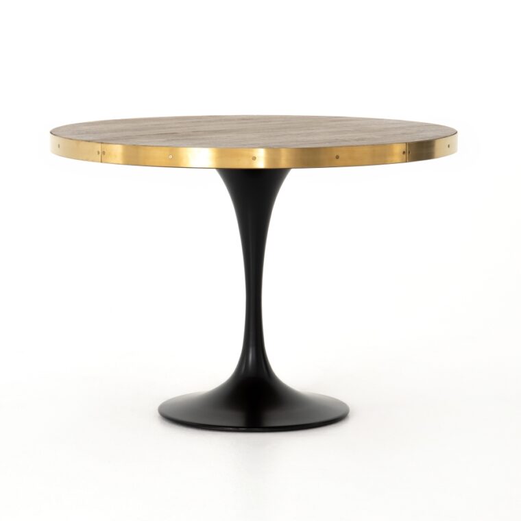 Small Round Iron Oak and Brass Tulip Base Dining Table