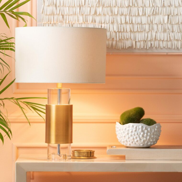 Cylindrical Brass and Crystal Table Lamp
