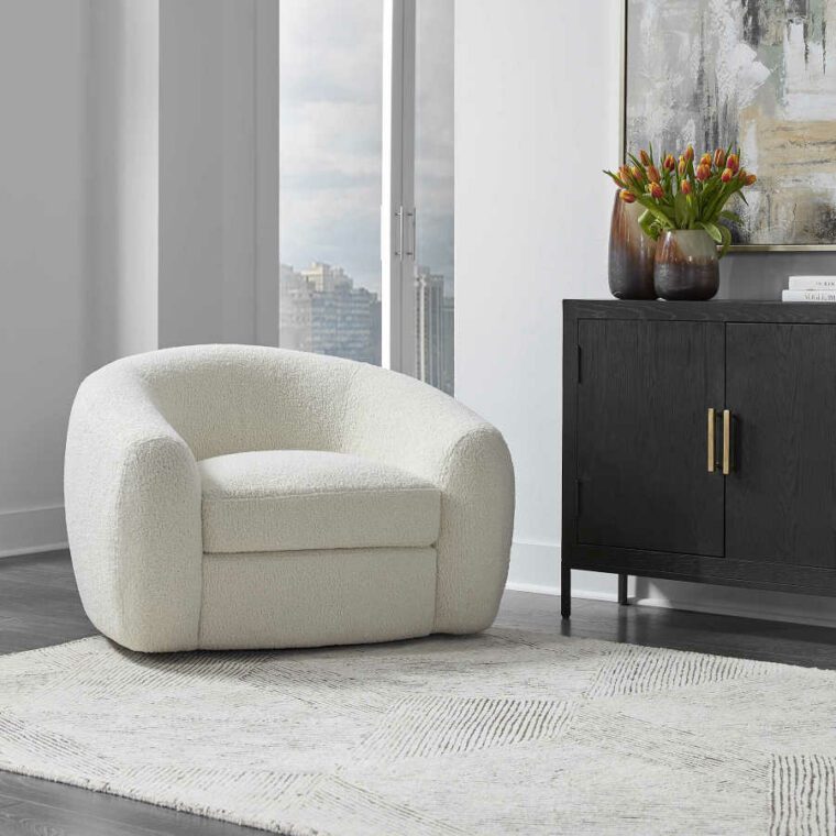Deco Style Off White Faux Shearling Swivel Chair