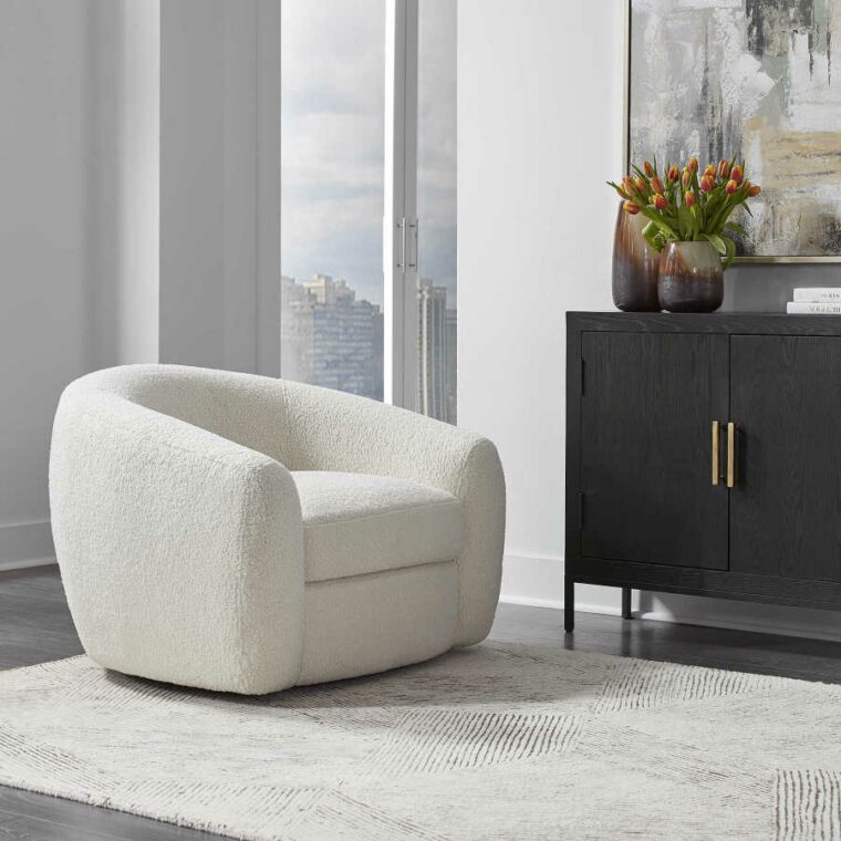 Deco Style Off White Faux Shearling Swivel Chair