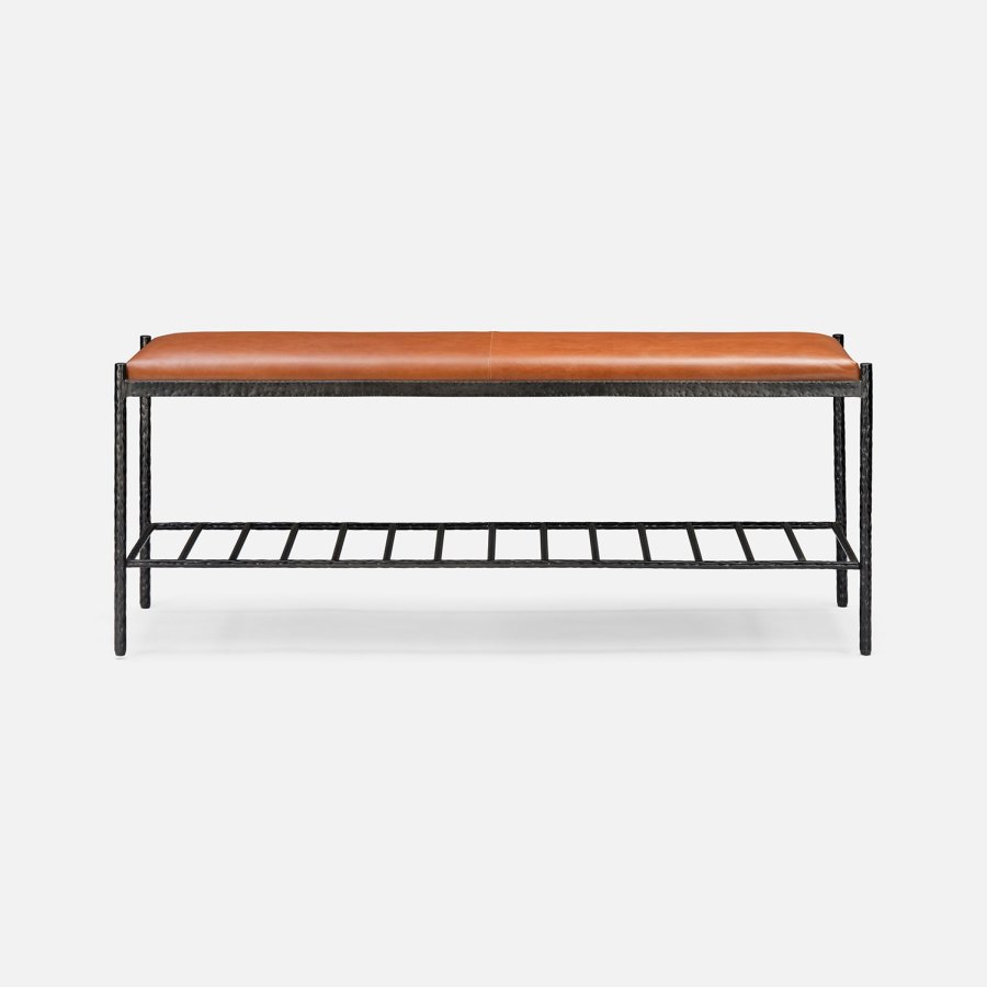 Medium Hammered Iron and Leather Bench - Mecox Gardens