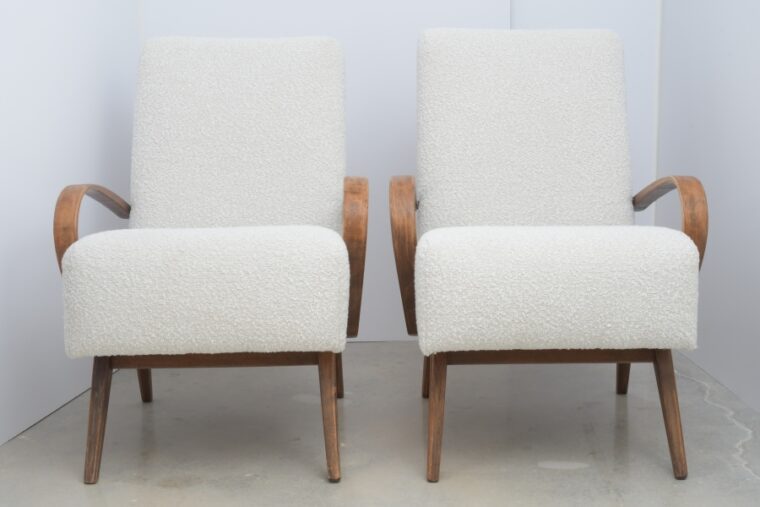 Pair of Antique Boucle Exaggerated Curved Wood Armchairs