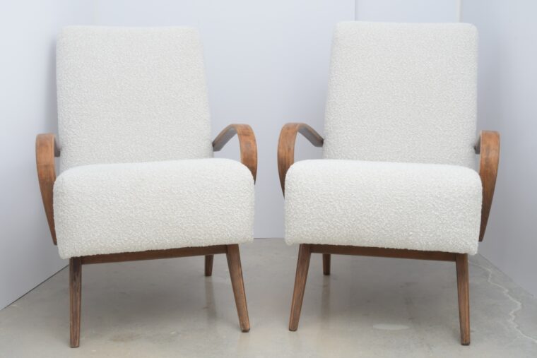 Pair of Antique Boucle Exaggerated Curved Wood Armchairs