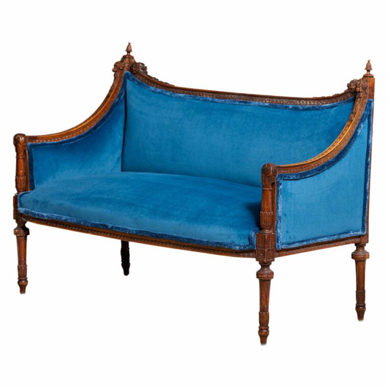 Antique French Walnut Settee in Blue Velvet