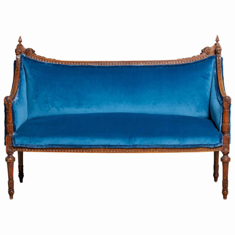 Antique French Walnut Settee in Blue Velvet