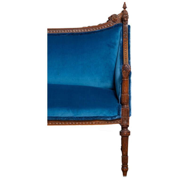 Antique French Walnut Settee in Blue Velvet