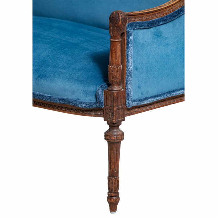 Antique French Walnut Settee in Blue Velvet